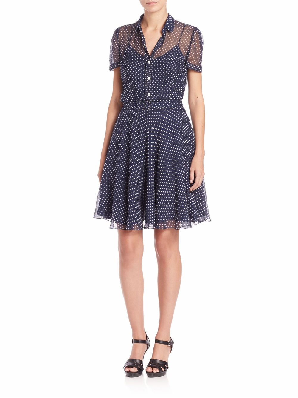 Polo by Ralph Lauren Sheer Navy and White Polka Dot 100% Silk Dress